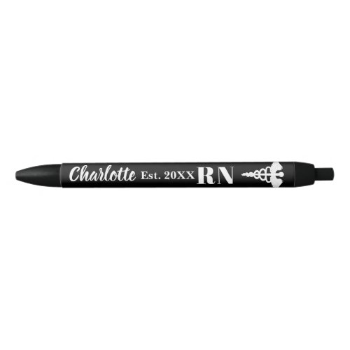 Custom Name White Caduceus Registered Nurse Black Ink Pen