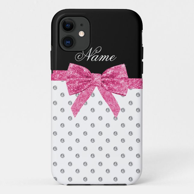 Custom name white diamonds pink glitter bow Case-Mate iPhone case (Back)