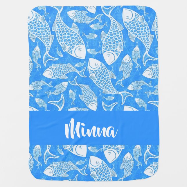 Custom name white fish baby blanket (Front)