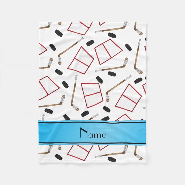 Custom name white hockey sticks pucks nets fleece blanket (Front)