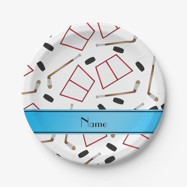 Custom name white hockey sticks pucks nets paper plates (Front)