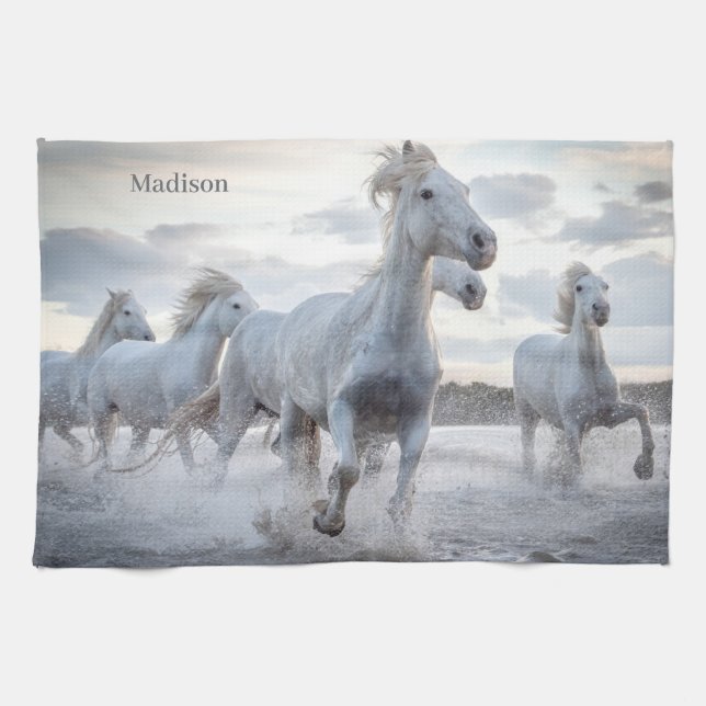 Custom Name White Horses Kitchen Towel (Horizontal)