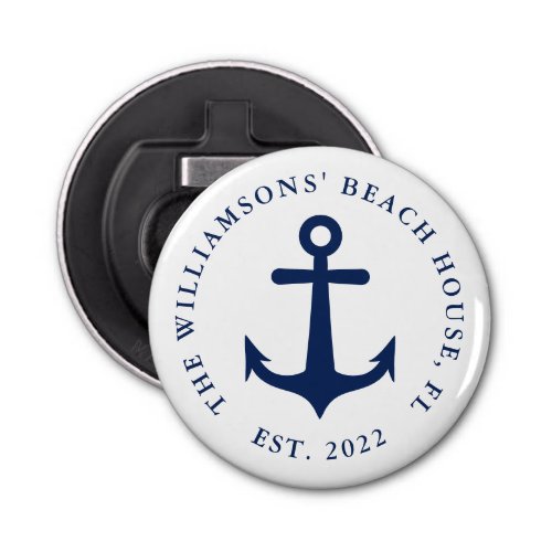 Custom Name White Navy Blue Anchor Nautical Bottle Opener