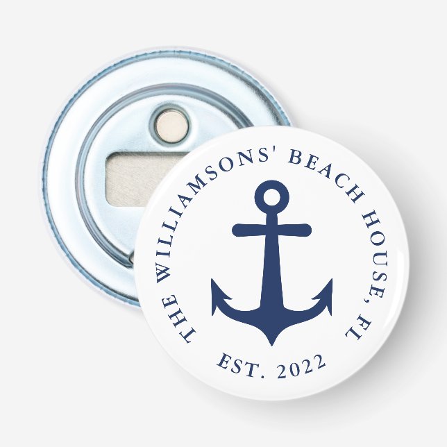 Custom Name White Navy Blue Anchor Nautical Bottle Opener (Front)