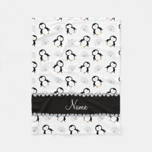 Custom name white penguins igloos snowflakes fleece blanket