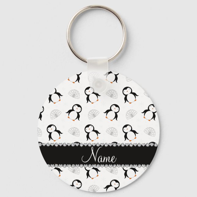 Custom name white penguins igloos snowflakes keychain (Front)