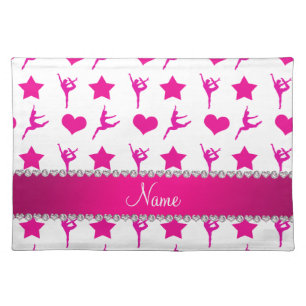 Custom name white pink gymnastics stars hearts cloth placemat