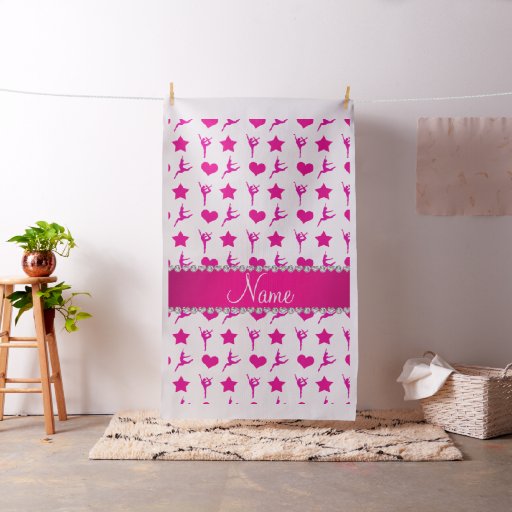 Custom name white pink gymnastics stars hearts fabric
