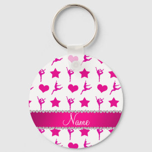 Custom name white pink gymnastics stars hearts keychain