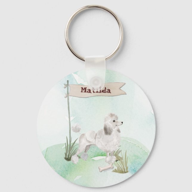Custom Name White Poodle Pet Dog Keychain (Front)