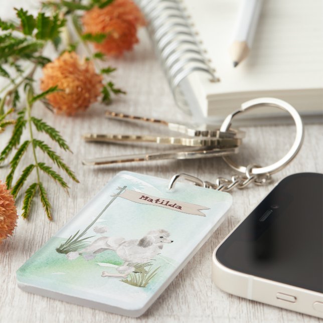 Custom Name White Poodle Pet Dog Keychain (Front Right)