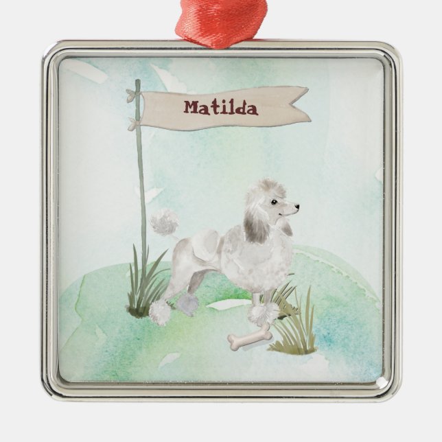 Custom Name White Poodle Pet Dog Metal Ornament (Front)