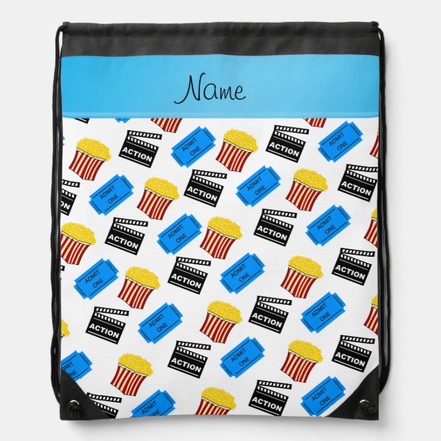Custom name white popcorn movie ticket action sign drawstring bag (Front)