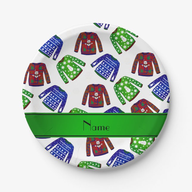 Custom name white ugly christmas sweater pattern paper plates (Front)