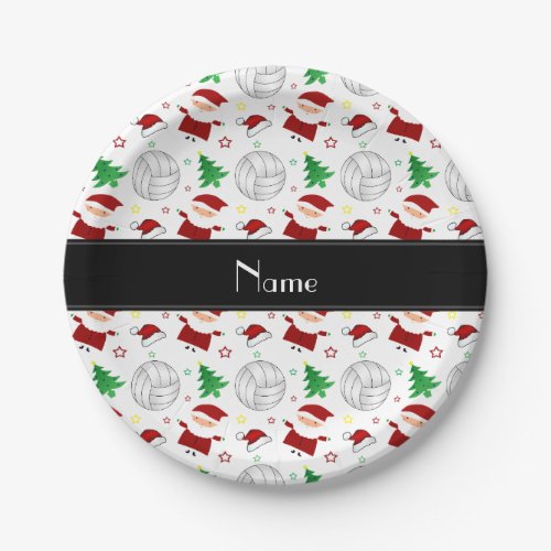 Custom name white volleyball christmas pattern paper plates