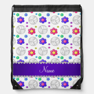 Custom name white volleyball rainbow flowers drawstring bag