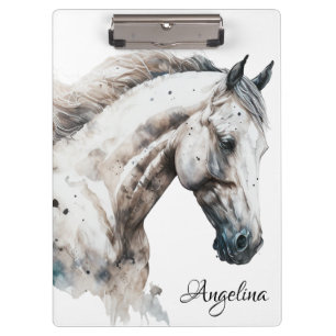 Custom Name White Watercolor Stallion Clipboard