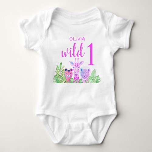 Custom Name Wild One Jungle Animals Girls Pink Baby Bodysuit