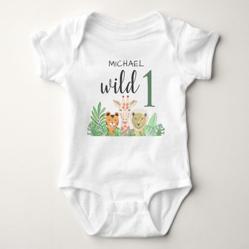 Custom Name Wild One Jungle Animals Greenery   Baby Bodysuit