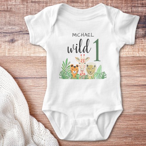 Custom Name Wild One Jungle Animals Greenery   Baby Bodysuit