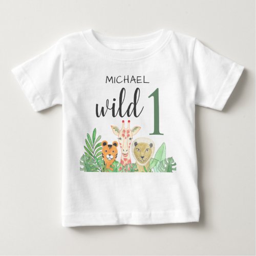 Custom Name Wild One Jungle Animals Greenery  Baby T_Shirt