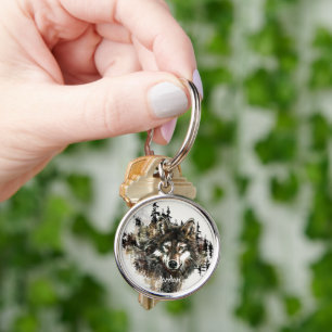 Custom Name Wild Watercolor Wolf Head Keychain