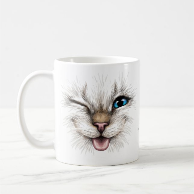 Custom Name Winking Cat Coffee Mug (Left)