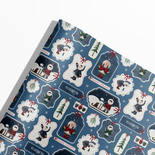 Custom Name Winter Friends Blue Wrapping Paper