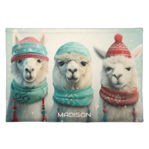 Custom Name Winter Llamas Cloth Placemat