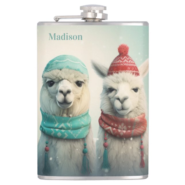 Custom Name Winter Llamas Flask (Front)