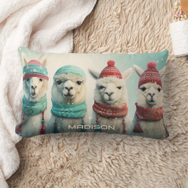 Custom Name Winter Llamas Lumbar Pillow (Blanket)