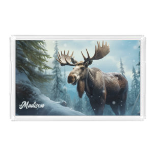 Custom Name Winter Moose Acrylic Tray