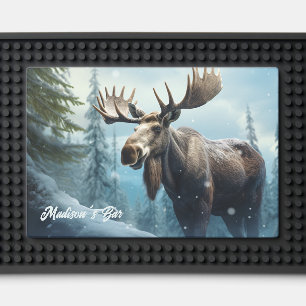Custom Name Winter Moose Bar Mat