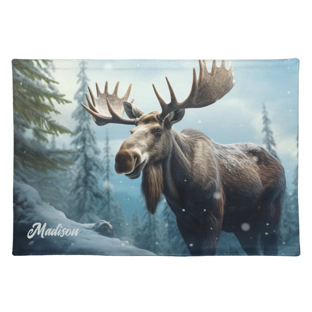 Custom Name Winter Moose Cloth Placemat (Front)