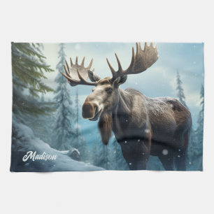 Custom Name Winter Moose Kitchen Towel