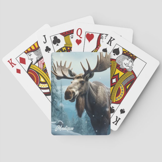 Custom Name Winter Moose Poker Cards (Back)