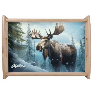 Custom Name Winter Moose Serving Tray