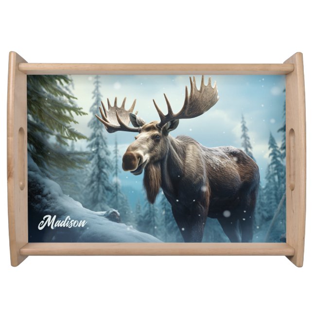 Custom Name Winter Moose Serving Tray (Front)