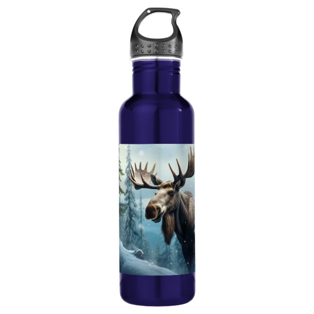 Custom Name Winter Moose Stainless Steel Water Bottle (Front)