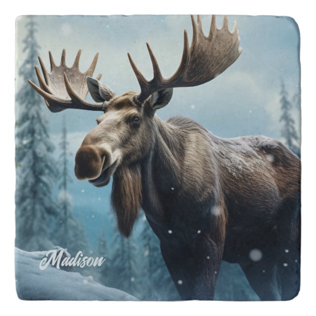 Custom Name Winter Moose Trivet (Front)