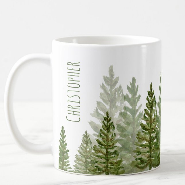 Custom Name Winter Watercolor Pine Trees Mug (Creator Uploaded)