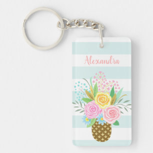 Custom Name Wish Pineapple Roses Pink Turquoise Keychain