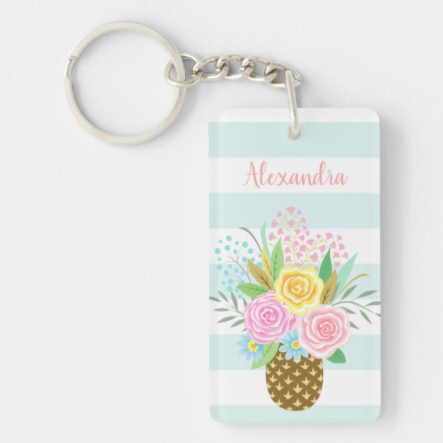 Custom Name Wish Pineapple Roses Pink Turquoise Keychain (Front)