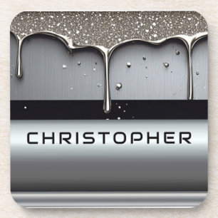Custom Name With Dripping Liquid Metal Beverage Coaster