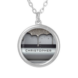 Custom Name With Dripping Liquid Metal Silver Plated Necklace