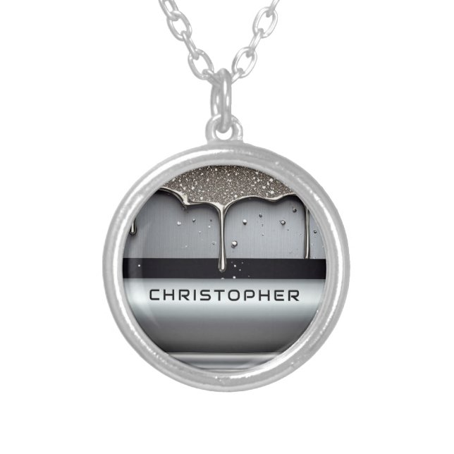 Custom Name With Dripping Liquid Metal Silver Plated Necklace (Front)