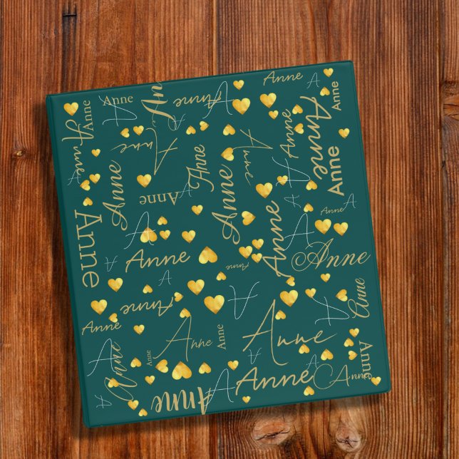 Custom Name with Gold Hearts Girly Green 3 Ring Binder (Creator Uploaded)