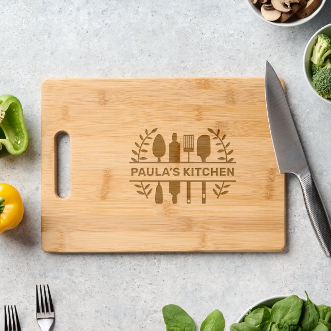 Custom Name with Kitchen Utensils Graphic Engraved Cutting Board (Kitchen Counter)
