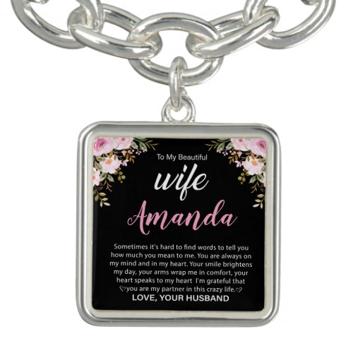 Custom Name with Pink Rose Message for Wife Bracelet