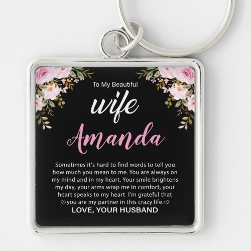 Custom Name with Pink Rose Message for Wife Keychain